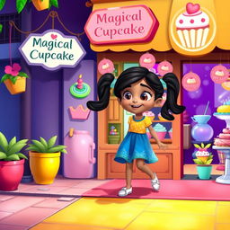 Riya, an Indian girl with hair in two long ponytails and an excited expression, is drawn to a sweet scent while playing on a colorful street