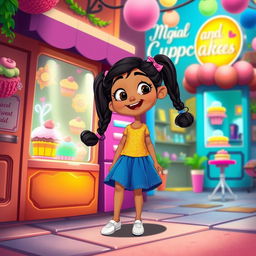 Riya, an Indian girl with hair in two long ponytails and an excited expression, is drawn to a sweet scent while playing on a colorful street