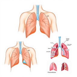 Three distinct medical illustrations of pneumothorax