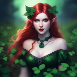 This realistic digital art image features a sensual red-haired elf girl with vampire traits