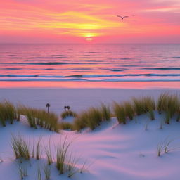 A serene landscape featuring a vibrant sunset over a calm ocean, gentle waves lapping at a pristine beach