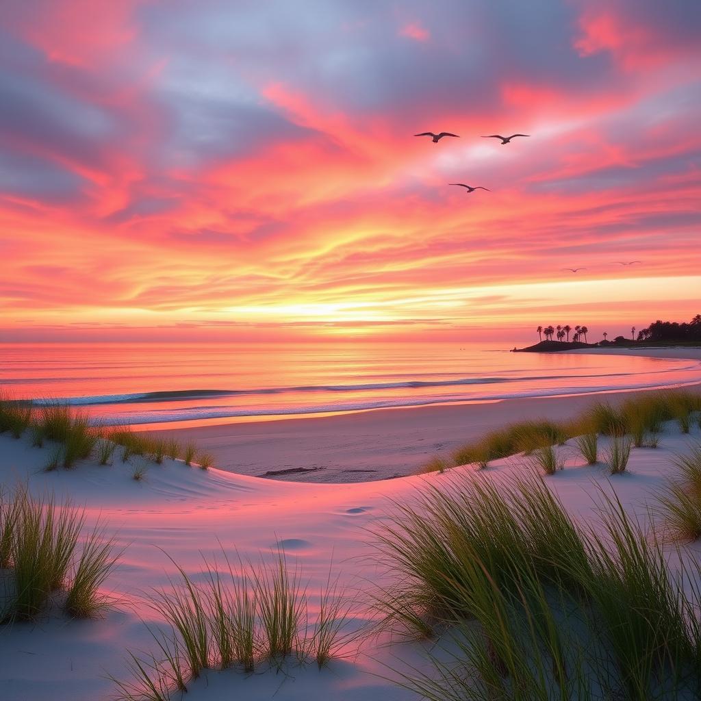 A serene landscape featuring a vibrant sunset over a calm ocean, gentle waves lapping at a pristine beach