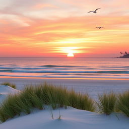 A serene landscape featuring a vibrant sunset over a calm ocean, gentle waves lapping at a pristine beach