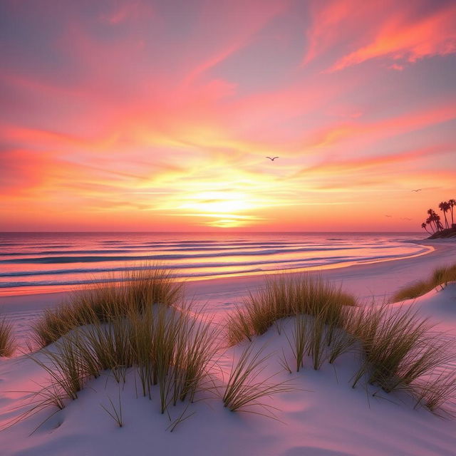 A serene landscape featuring a vibrant sunset over a calm ocean, gentle waves lapping at a pristine beach