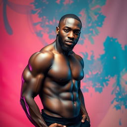 A black man standing confidently, his physique well-defined, showcasing a blend of strength and charisma, with an emphasis on his confident posture