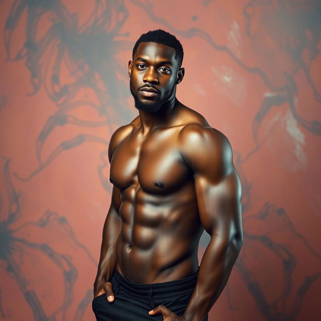 A black man standing confidently, his physique well-defined, showcasing a blend of strength and charisma, with an emphasis on his confident posture