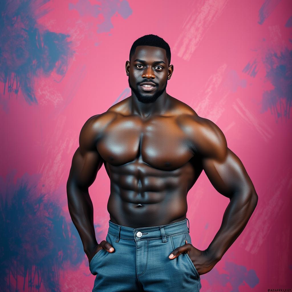 A black man standing confidently, his physique well-defined, showcasing a blend of strength and charisma, with an emphasis on his confident posture