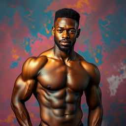 A black man standing confidently, his physique well-defined, showcasing a blend of strength and charisma, with an emphasis on his confident posture