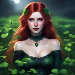 This realistic digital art image features a sensual red-haired elf girl with vampire traits