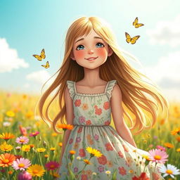 A beautiful girl with long flowing hair, wearing a soft sundress adorned with floral patterns