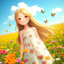 A beautiful girl with long flowing hair, wearing a soft sundress adorned with floral patterns