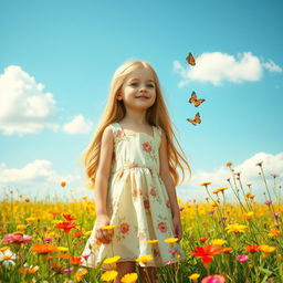 A beautiful girl with long flowing hair, wearing a soft sundress adorned with floral patterns