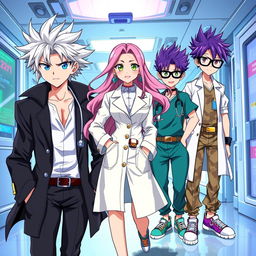 Anime doctors with stylish outfits, featuring a group of three characters: a confident male doctor with tousled silver hair and sharp blue eyes, wearing a sleek black coat and a stethoscope draped around his neck; a female doctor with long flowing pink hair, bright green eyes, and a fashionable lab coat with stylish accessories like earrings and a belt; and a third character, a quirky male doctor with spiky purple hair, thick glasses, and a vibrant outfit with colorful scrubs and sneakers
