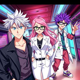 Anime doctors with stylish outfits, featuring a group of three characters: a confident male doctor with tousled silver hair and sharp blue eyes, wearing a sleek black coat and a stethoscope draped around his neck; a female doctor with long flowing pink hair, bright green eyes, and a fashionable lab coat with stylish accessories like earrings and a belt; and a third character, a quirky male doctor with spiky purple hair, thick glasses, and a vibrant outfit with colorful scrubs and sneakers