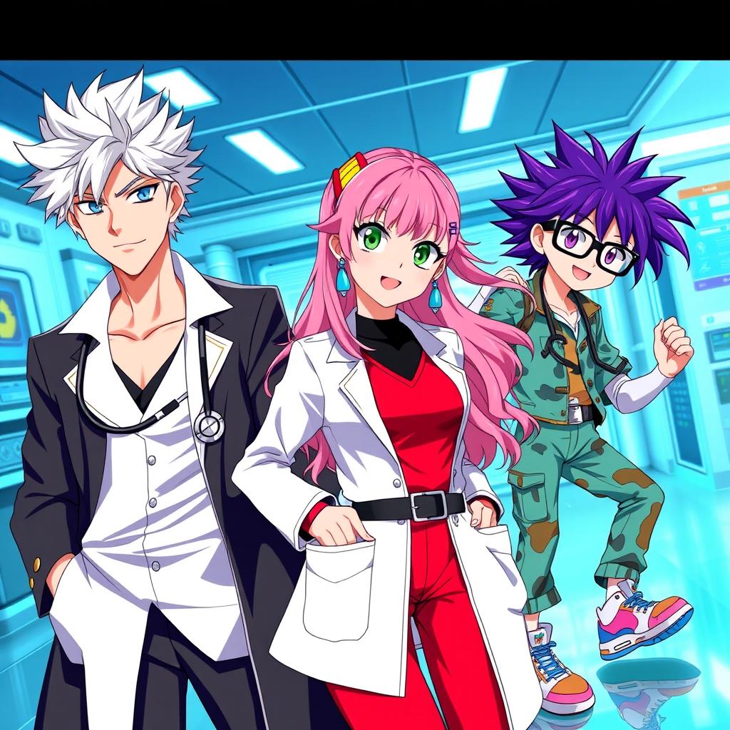 Anime doctors with stylish outfits, featuring a group of three characters: a confident male doctor with tousled silver hair and sharp blue eyes, wearing a sleek black coat and a stethoscope draped around his neck; a female doctor with long flowing pink hair, bright green eyes, and a fashionable lab coat with stylish accessories like earrings and a belt; and a third character, a quirky male doctor with spiky purple hair, thick glasses, and a vibrant outfit with colorful scrubs and sneakers