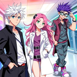 Anime doctors with stylish outfits, featuring a group of three characters: a confident male doctor with tousled silver hair and sharp blue eyes, wearing a sleek black coat and a stethoscope draped around his neck; a female doctor with long flowing pink hair, bright green eyes, and a fashionable lab coat with stylish accessories like earrings and a belt; and a third character, a quirky male doctor with spiky purple hair, thick glasses, and a vibrant outfit with colorful scrubs and sneakers