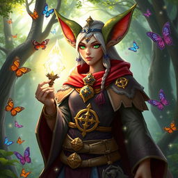 A Semiorc Desna Cleric from the Pathfinder fantasy world, depicted in a vibrant and enchanting forest setting