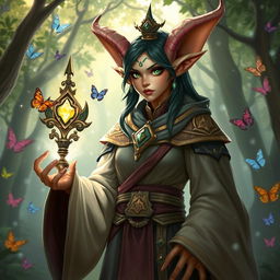 A Semiorc Desna Cleric from the Pathfinder fantasy world, depicted in a vibrant and enchanting forest setting