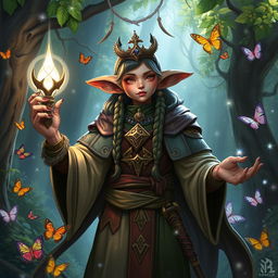 A Semiorc Desna Cleric from the Pathfinder fantasy world, depicted in a vibrant and enchanting forest setting