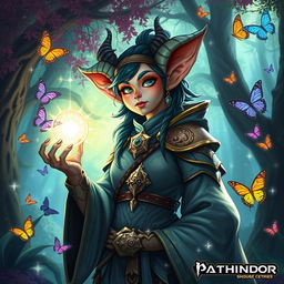 A Semiorc Desna Cleric from the Pathfinder fantasy world, depicted in a vibrant and enchanting forest setting
