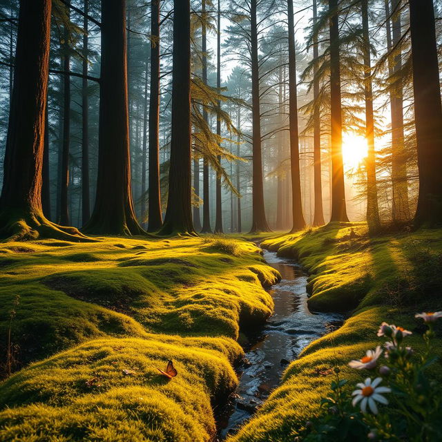 A serene and enchanting forest landscape at dawn, featuring tall, majestic trees with glistening dew on their leaves