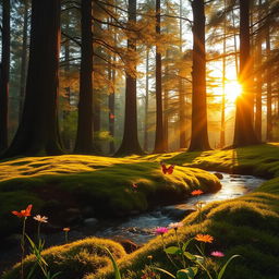 A serene and enchanting forest landscape at dawn, featuring tall, majestic trees with glistening dew on their leaves