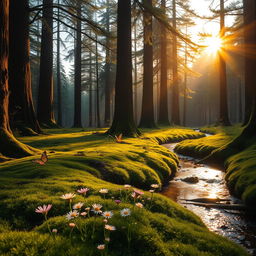 A serene and enchanting forest landscape at dawn, featuring tall, majestic trees with glistening dew on their leaves