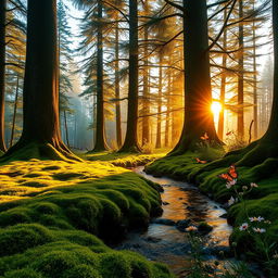 A serene and enchanting forest landscape at dawn, featuring tall, majestic trees with glistening dew on their leaves