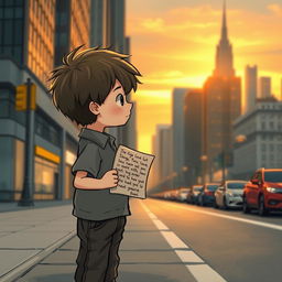 A heartfelt scene depicting a young boy standing alone on a city street, gazing longingly at a distant skyline where a girl he loves resides