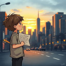 A heartfelt scene depicting a young boy standing alone on a city street, gazing longingly at a distant skyline where a girl he loves resides