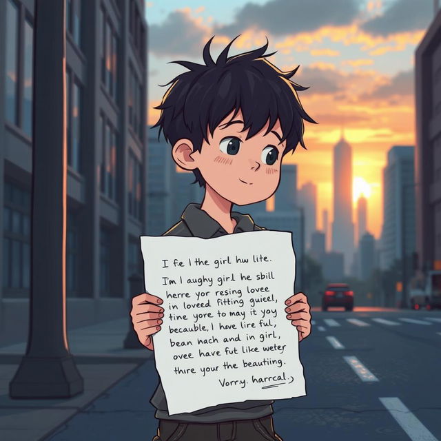 A heartfelt scene depicting a young boy standing alone on a city street, gazing longingly at a distant skyline where a girl he loves resides