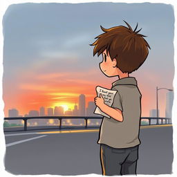 A heartfelt scene depicting a young boy standing alone on a city street, gazing longingly at a distant skyline where a girl he loves resides