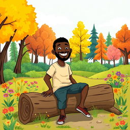 A humorous and light-hearted cartoon-style illustration of a black man taking an outdoor break in nature, sitting on a log with a cheeky smile, surrounded by a colorful forest with vibrant trees and flowers