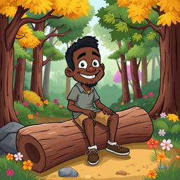 A humorous and light-hearted cartoon-style illustration of a black man taking an outdoor break in nature, sitting on a log with a cheeky smile, surrounded by a colorful forest with vibrant trees and flowers