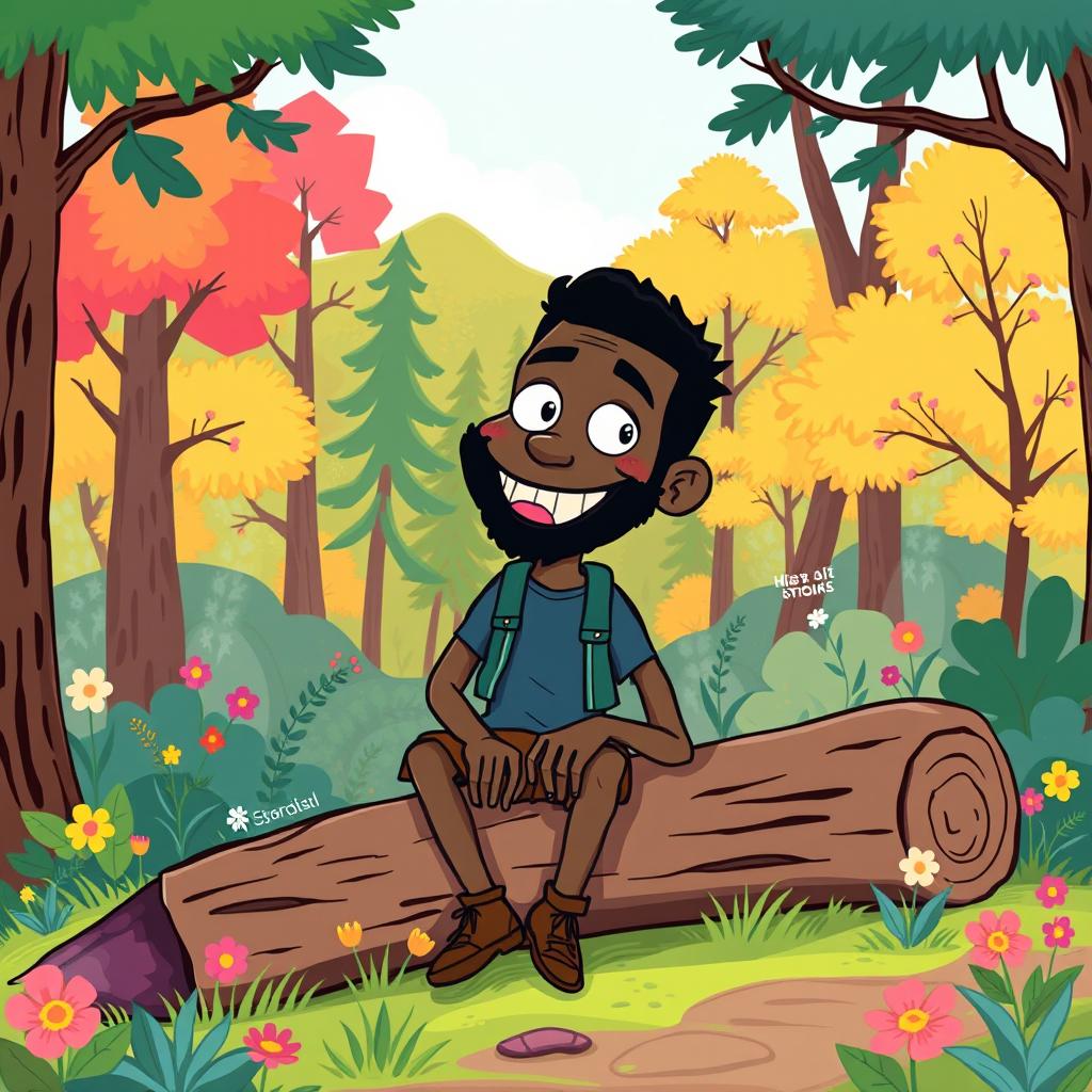 A humorous and light-hearted cartoon-style illustration of a black man taking an outdoor break in nature, sitting on a log with a cheeky smile, surrounded by a colorful forest with vibrant trees and flowers