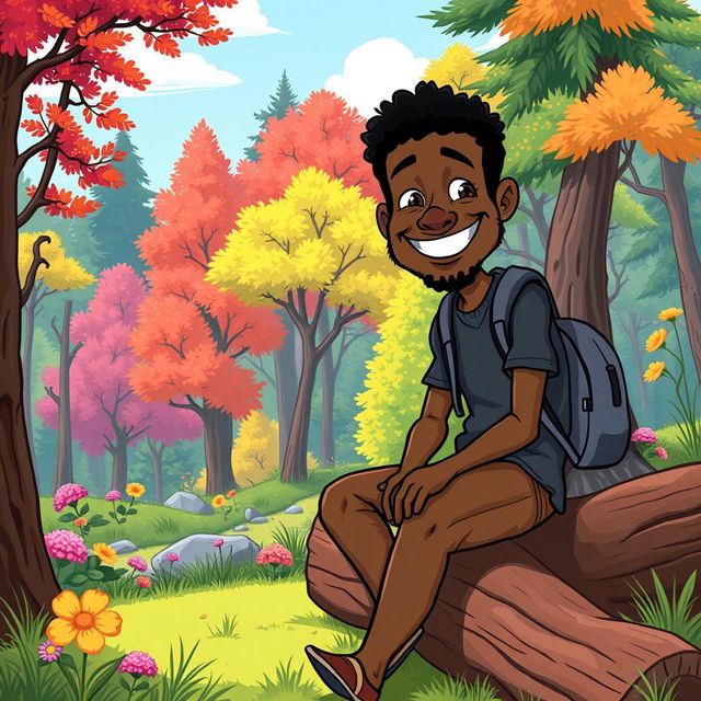 A humorous and light-hearted cartoon-style illustration of a black man taking an outdoor break in nature, sitting on a log with a cheeky smile, surrounded by a colorful forest with vibrant trees and flowers