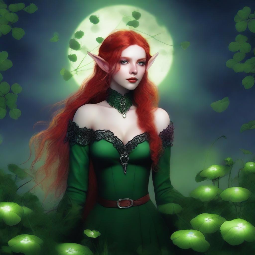 This digital art image, rendered in a realistic style, features a sensual red-haired elf woman with vampire characteristics