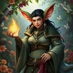 A half-orc Desna Cleric from the Pathfinder fantasy world, portrayed in a lush, enchanted garden filled with vibrant flora and fauna