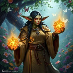 A half-orc Desna Cleric from the Pathfinder fantasy world, portrayed in a lush, enchanted garden filled with vibrant flora and fauna