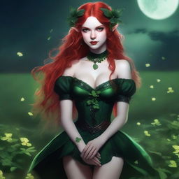 This digital art image, rendered in a realistic style, features a sensual red-haired elf woman with vampire characteristics