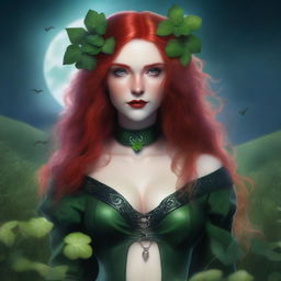 This digital art image, rendered in a realistic style, features a sensual red-haired elf woman with vampire characteristics