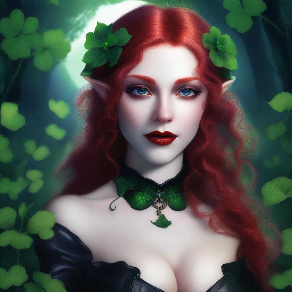 This digital art image, rendered in a realistic style, features a sensual red-haired elf woman with vampire characteristics