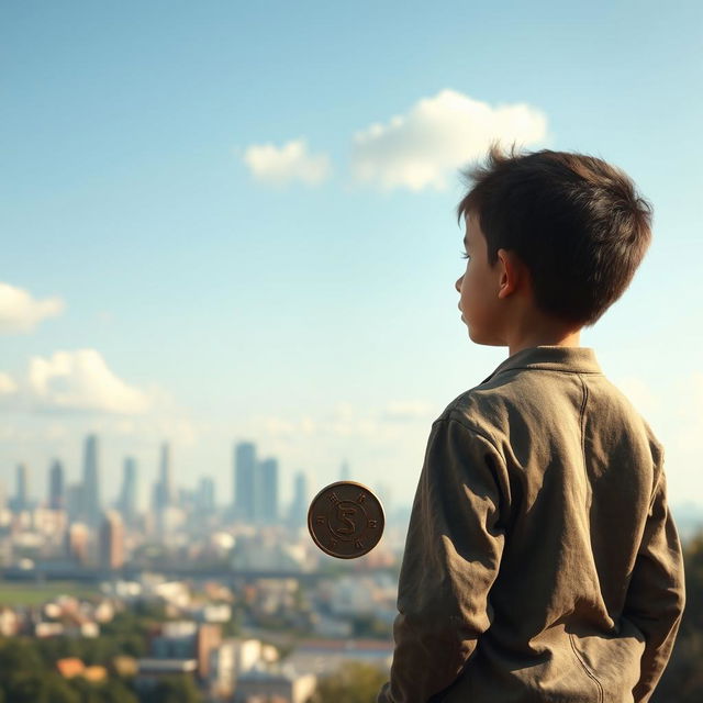 A poignant scene depicting a young boy standing at a long distance, gazing wistfully towards a distant city skyline