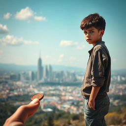 A poignant scene depicting a young boy standing at a long distance, gazing wistfully towards a distant city skyline