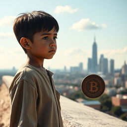 A poignant scene depicting a young boy standing at a long distance, gazing wistfully towards a distant city skyline