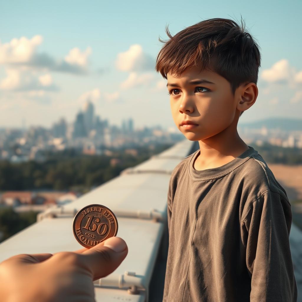 A poignant scene depicting a young boy standing at a long distance, gazing wistfully towards a distant city skyline