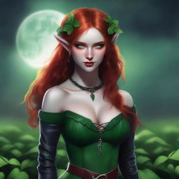 This realistic digital art image features a sensual red-haired elf woman with vampire traits