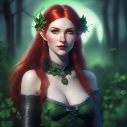 This realistic digital art image features a sensual red-haired elf woman with vampire traits