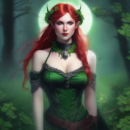 This realistic digital art image features a sensual red-haired elf woman with vampire traits