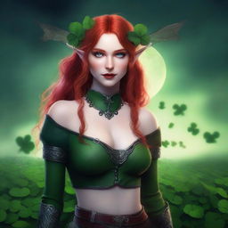 This realistic digital art image features a sensual red-haired elf woman with vampire traits